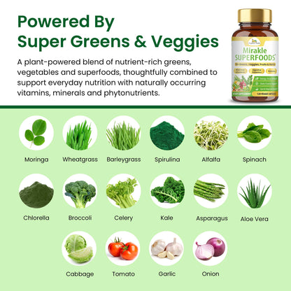 Organic Veda Mirakle Superfoods Greens Capsules - 30+ Daily Greens and Veggies Supplement with Moringa, Spirulina, Chlorella, Turmeric & Herbs, Antioxidants, Resveratrol, Probiotics - 120 Capsule - dailyvitalstore