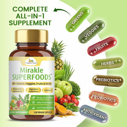 Organic Veda Mirakle Superfoods Greens Capsules - 30+ Daily Greens and Veggies Supplement with Moringa, Spirulina, Chlorella, Turmeric & Herbs, Antioxidants, Resveratrol, Probiotics - 120 Capsule - dailyvitalstore