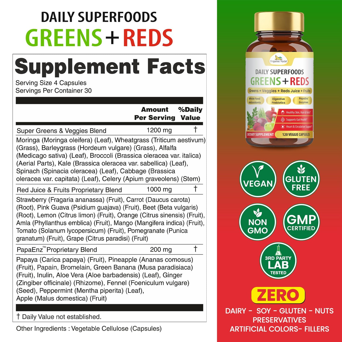 Organic Veda Super Greens & Reds Capsules - Organic Superfoods, Daily Greens, Red Juice, Fruits & Vegetables Supplement - Papaya Enzymes, Digestive Herbs, Bromelain, Antioxidants - 120 Veggie Capsules - dailyvitalstore