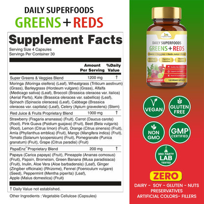 Organic Veda Super Greens & Reds Capsules - Organic Superfoods, Daily Greens, Red Juice, Fruits & Vegetables Supplement - Papaya Enzymes, Digestive Herbs, Bromelain, Antioxidants - 120 Veggie Capsules - dailyvitalstore