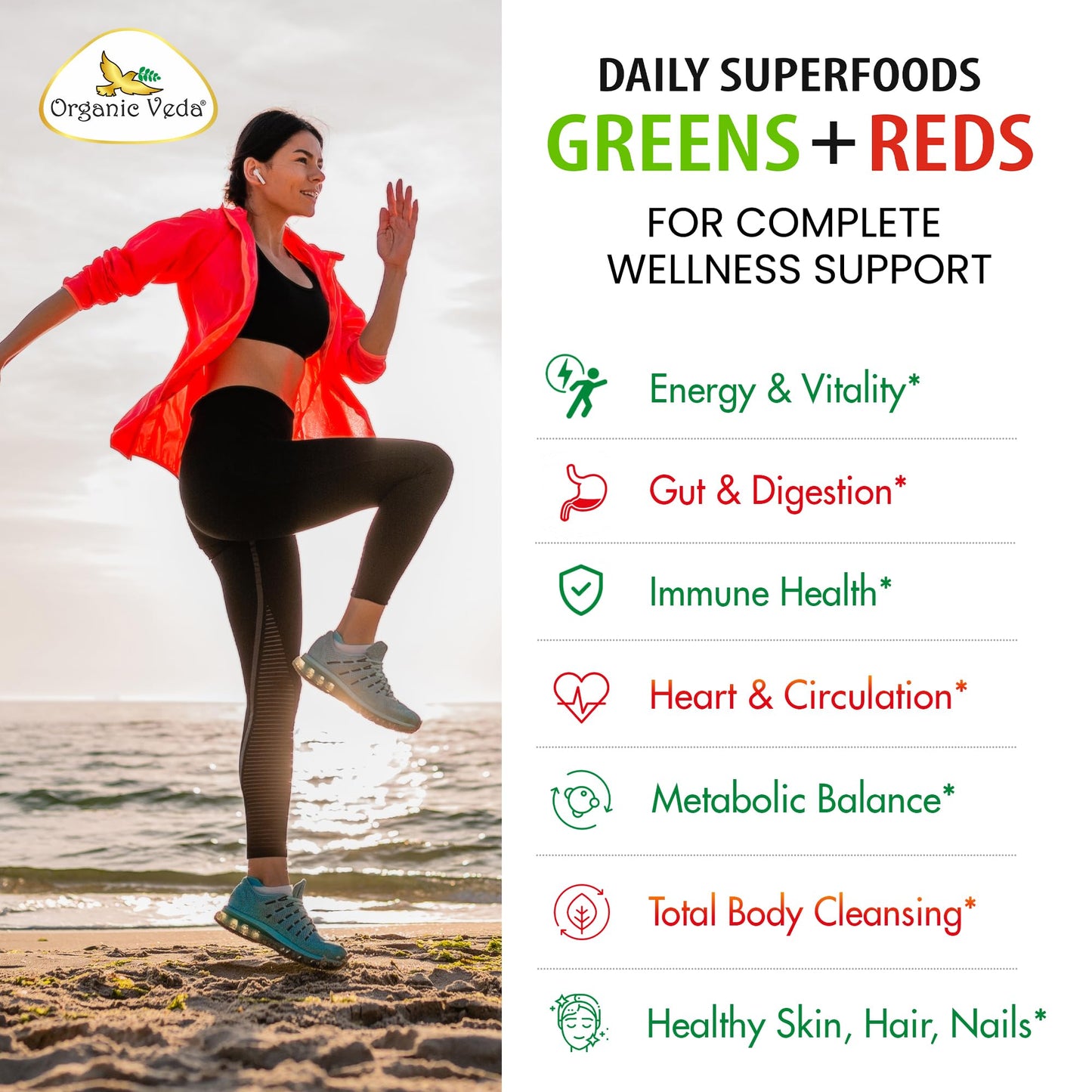 Organic Veda Super Greens & Reds Capsules - Organic Superfoods, Daily Greens, Red Juice, Fruits & Vegetables Supplement - Papaya Enzymes, Digestive Herbs, Bromelain, Antioxidants - 120 Veggie Capsules - dailyvitalstore