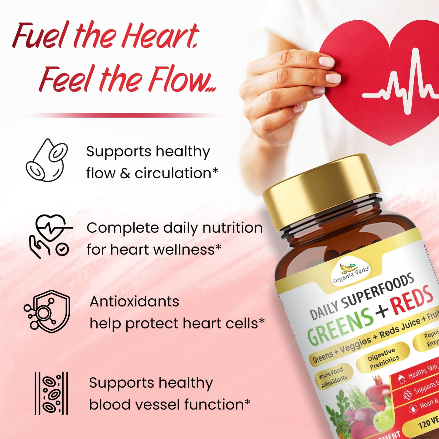 Organic Veda Super Greens & Reds Capsules - Organic Superfoods, Daily Greens, Red Juice, Fruits & Vegetables Supplement - Papaya Enzymes, Digestive Herbs, Bromelain, Antioxidants - 120 Veggie Capsules - dailyvitalstore