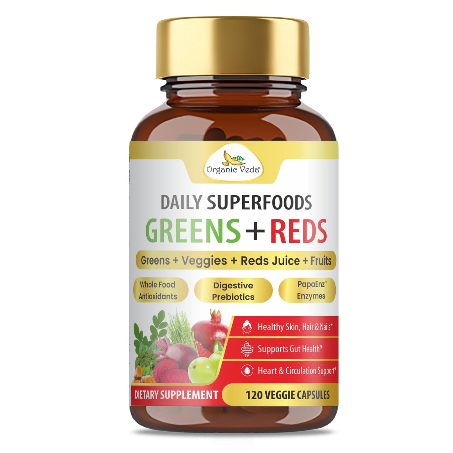 Organic Veda Super Greens & Reds Capsules - Organic Superfoods, Daily Greens, Red Juice, Fruits & Vegetables Supplement - Papaya Enzymes, Digestive Herbs, Bromelain, Antioxidants - 120 Veggie Capsules - dailyvitalstore