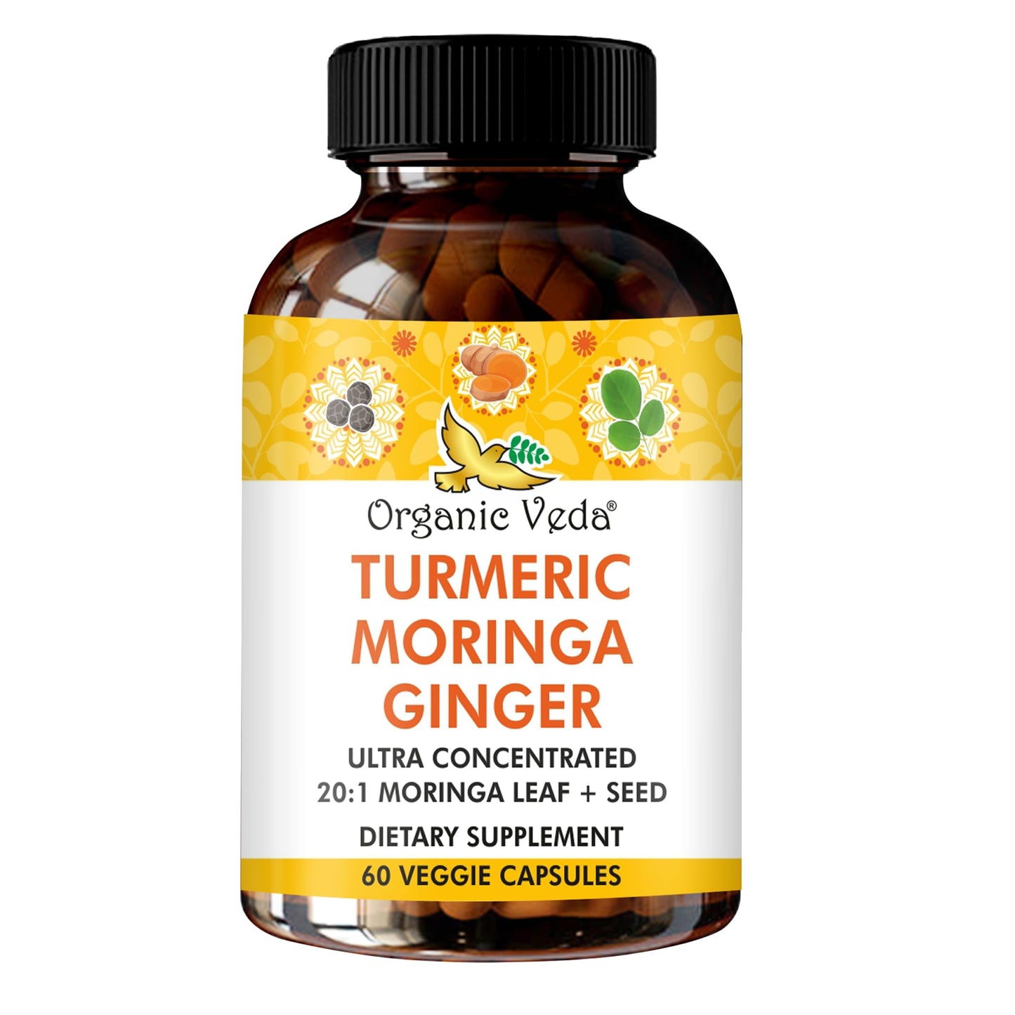 Organic Veda Turmeric Moringa Ginger Capsules - Super Antioxidants & Curcumin Supplement with 20:1 Moringa Leaf & Seed Extract, Black Pepper - Energy, Joints, Heart Health Support - 60 Vegan Pills - dailyvitalstore