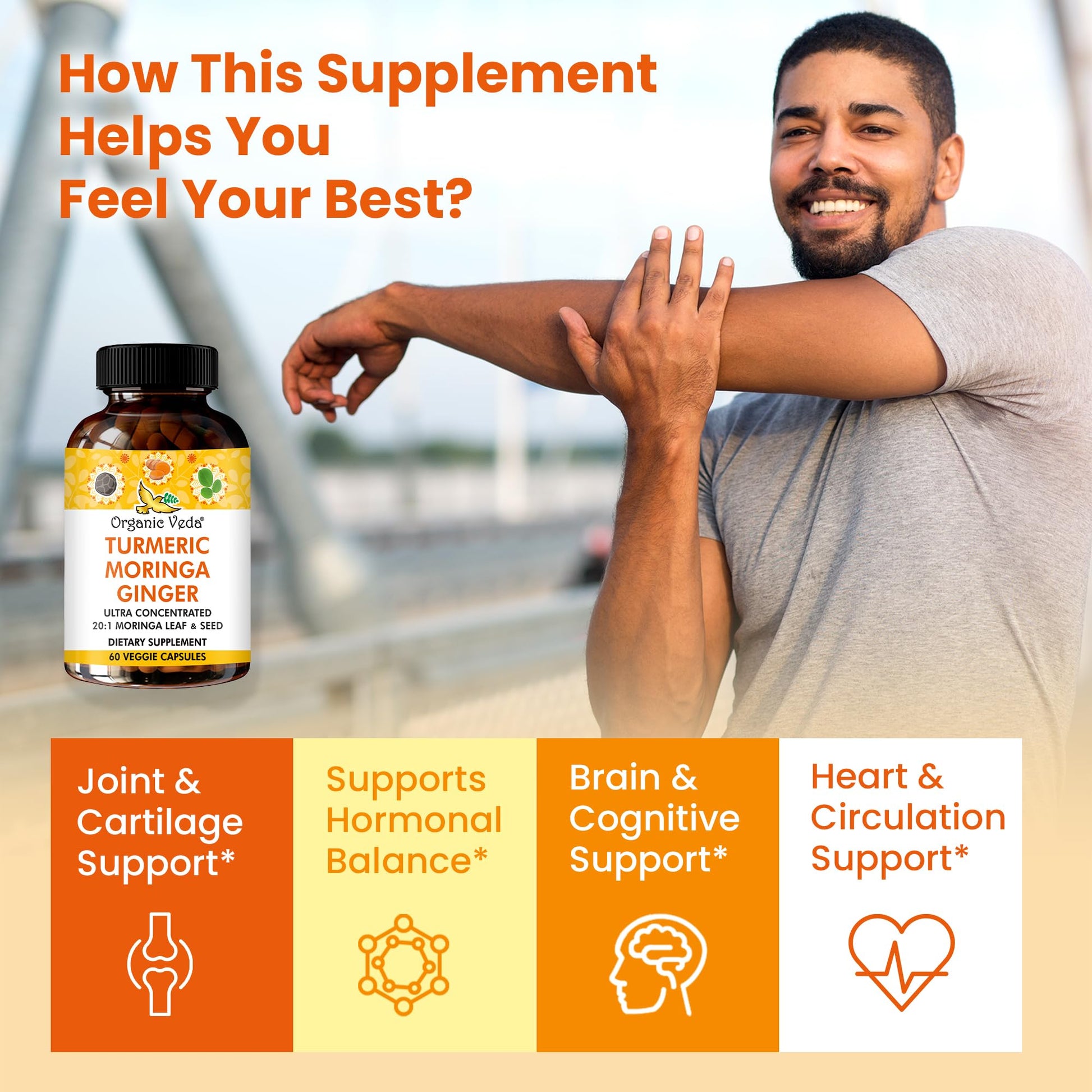 Organic Veda Turmeric Moringa Ginger Capsules - Super Antioxidants & Curcumin Supplement with 20:1 Moringa Leaf & Seed Extract, Black Pepper - Energy, Joints, Heart Health Support - 60 Vegan Pills - dailyvitalstore