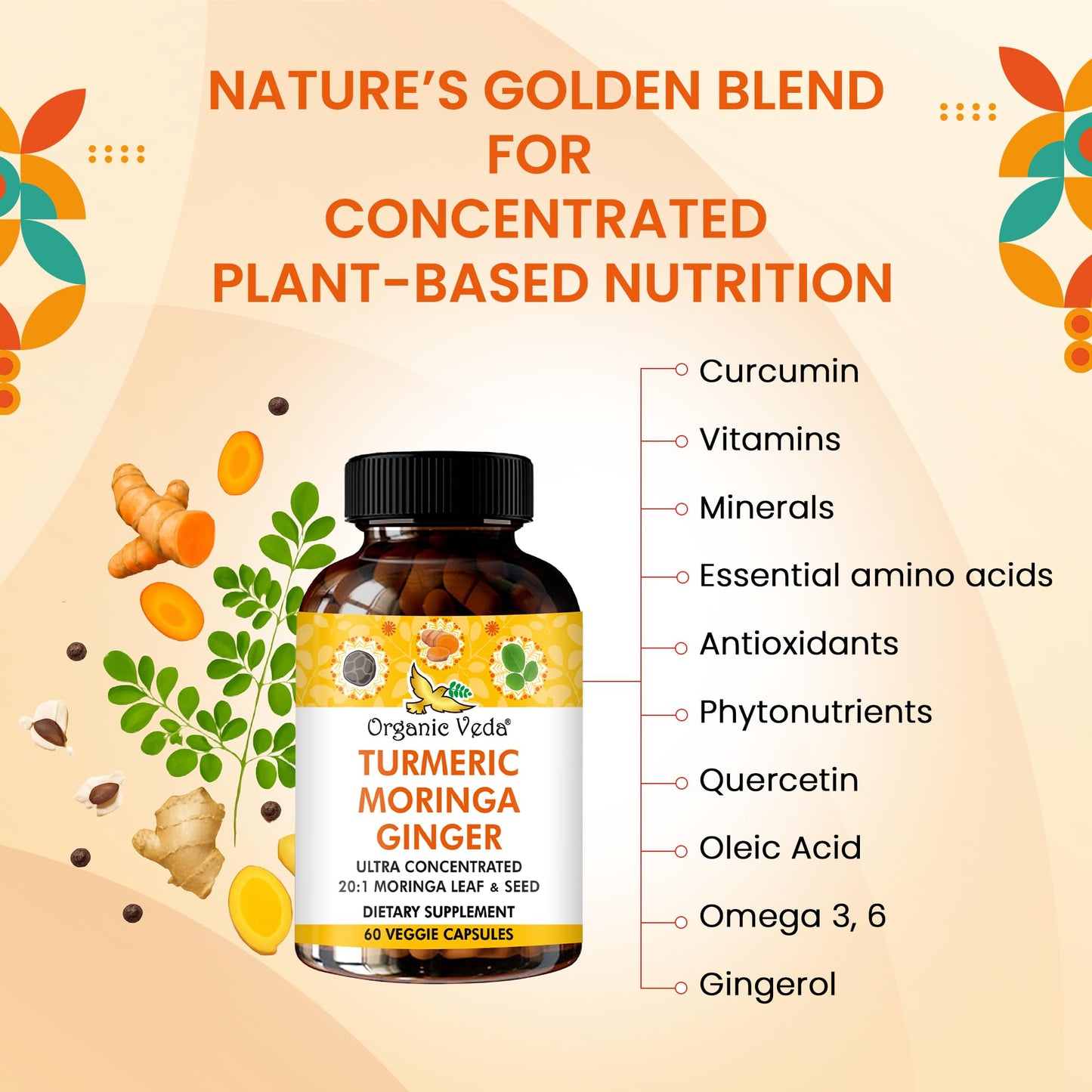 Organic Veda Turmeric Moringa Ginger Capsules - Super Antioxidants & Curcumin Supplement with 20:1 Moringa Leaf & Seed Extract, Black Pepper - Energy, Joints, Heart Health Support - 60 Vegan Pills - dailyvitalstore