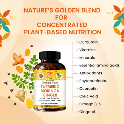 Organic Veda Turmeric Moringa Ginger Capsules - Super Antioxidants & Curcumin Supplement with 20:1 Moringa Leaf & Seed Extract, Black Pepper - Energy, Joints, Heart Health Support - 60 Vegan Pills - dailyvitalstore