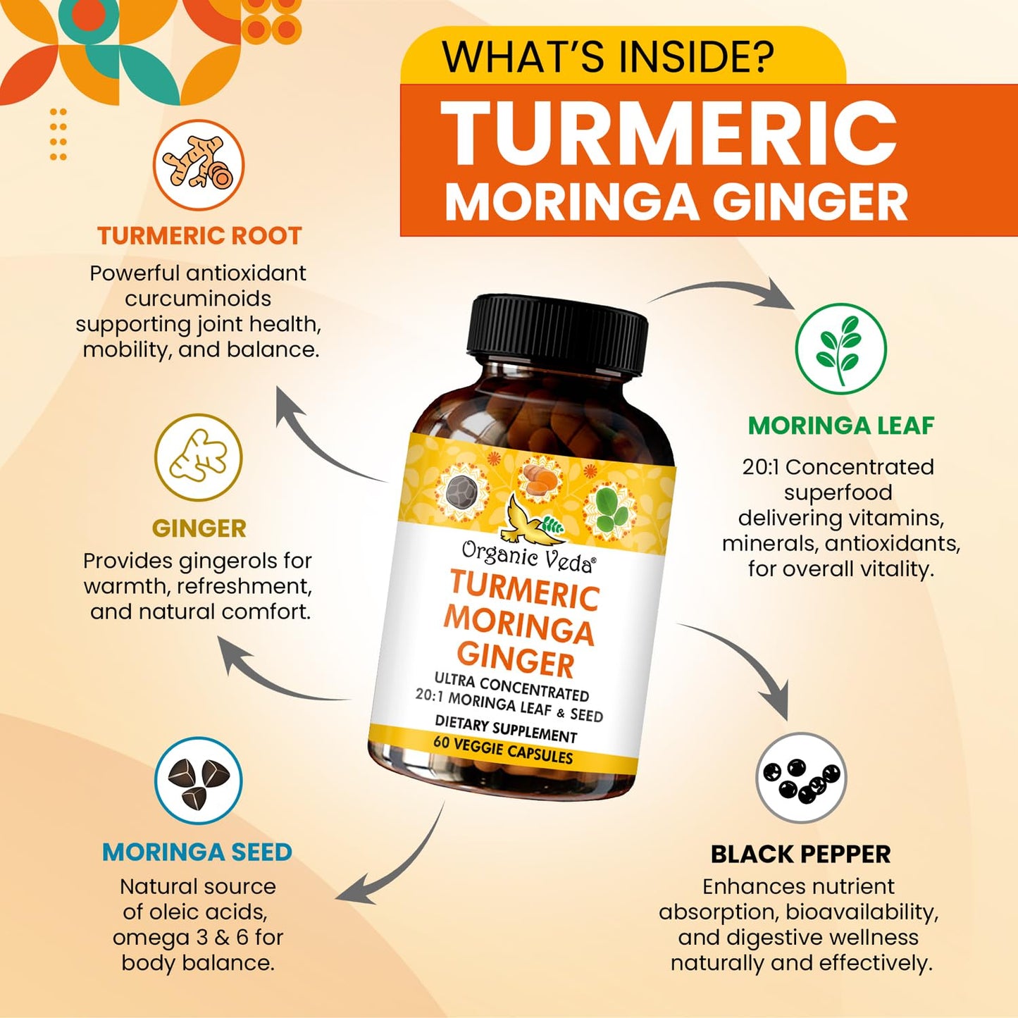 Organic Veda Turmeric Moringa Ginger Capsules - Super Antioxidants & Curcumin Supplement with 20:1 Moringa Leaf & Seed Extract, Black Pepper - Energy, Joints, Heart Health Support - 60 Vegan Pills - dailyvitalstore