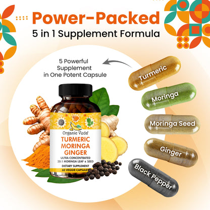 Organic Veda Turmeric Moringa Ginger Capsules - Super Antioxidants & Curcumin Supplement with 20:1 Moringa Leaf & Seed Extract, Black Pepper - Energy, Joints, Heart Health Support - 60 Vegan Pills - dailyvitalstore