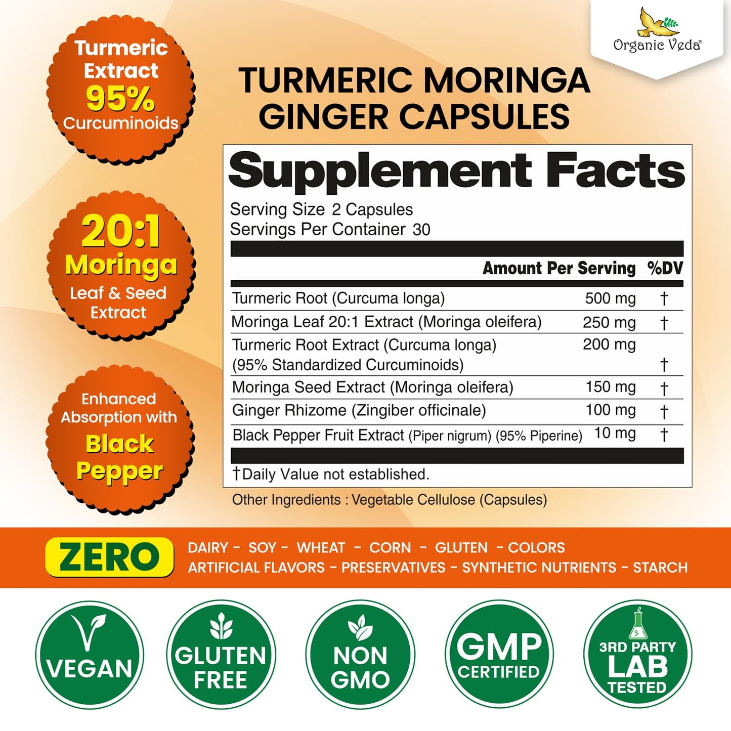 Organic Veda Turmeric Moringa Ginger Capsules - Super Antioxidants & Curcumin Supplement with 20:1 Moringa Leaf & Seed Extract, Black Pepper - Energy, Joints, Heart Health Support - 60 Vegan Pills - dailyvitalstore