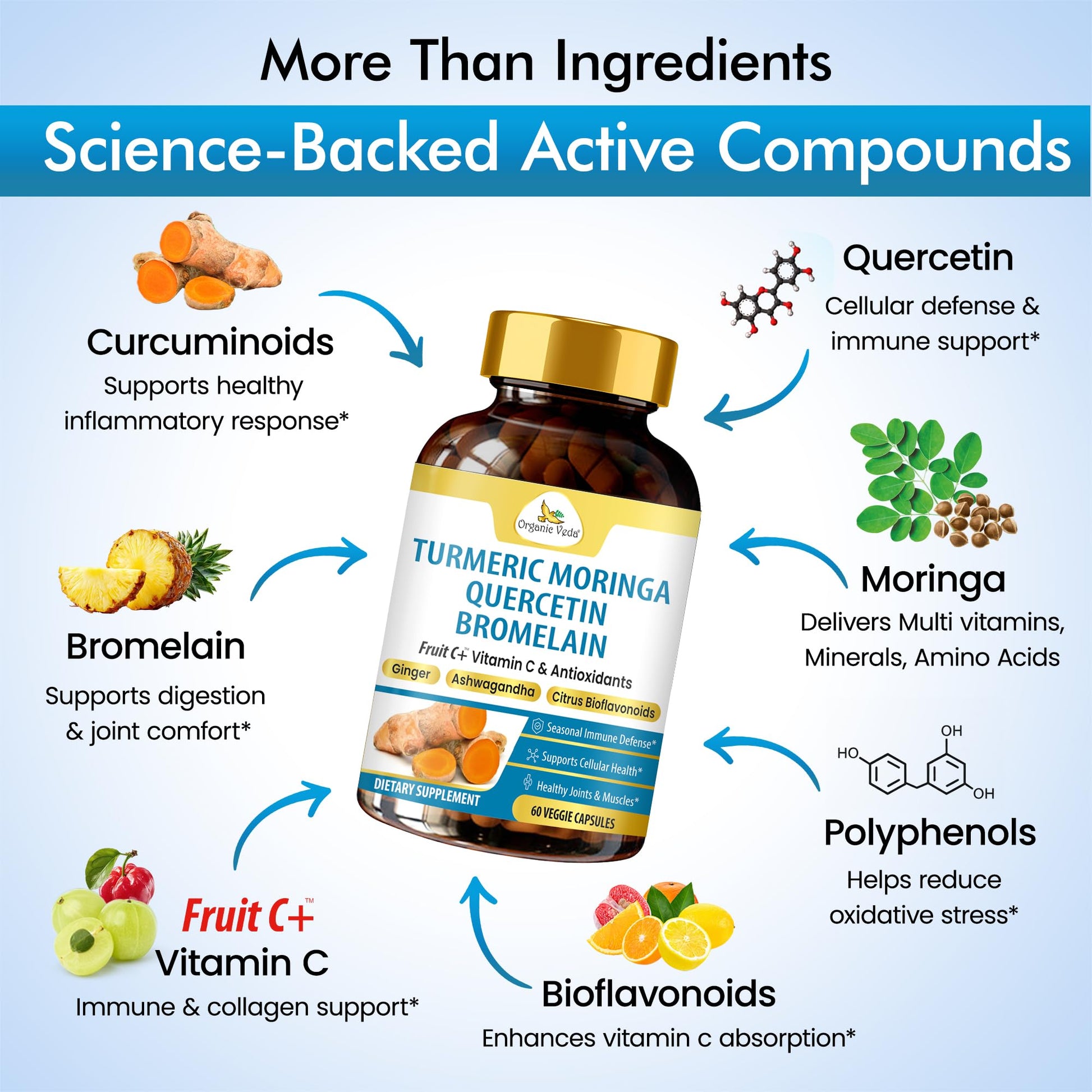Organic Veda Turmeric Moringa Quercetin with Bromelain Capsules - Fruit C+ Vitamin C Antioxidants Immune System & Respiratory Supplement - Ashwagandha, Ginger, Citrus Bioflavonoids, 60 Vegan Capsule - dailyvitalstore