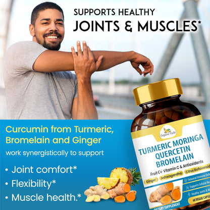 Organic Veda Turmeric Moringa Quercetin with Bromelain Capsules - Fruit C+ Vitamin C Antioxidants Immune System & Respiratory Supplement - Ashwagandha, Ginger, Citrus Bioflavonoids, 60 Vegan Capsule - dailyvitalstore