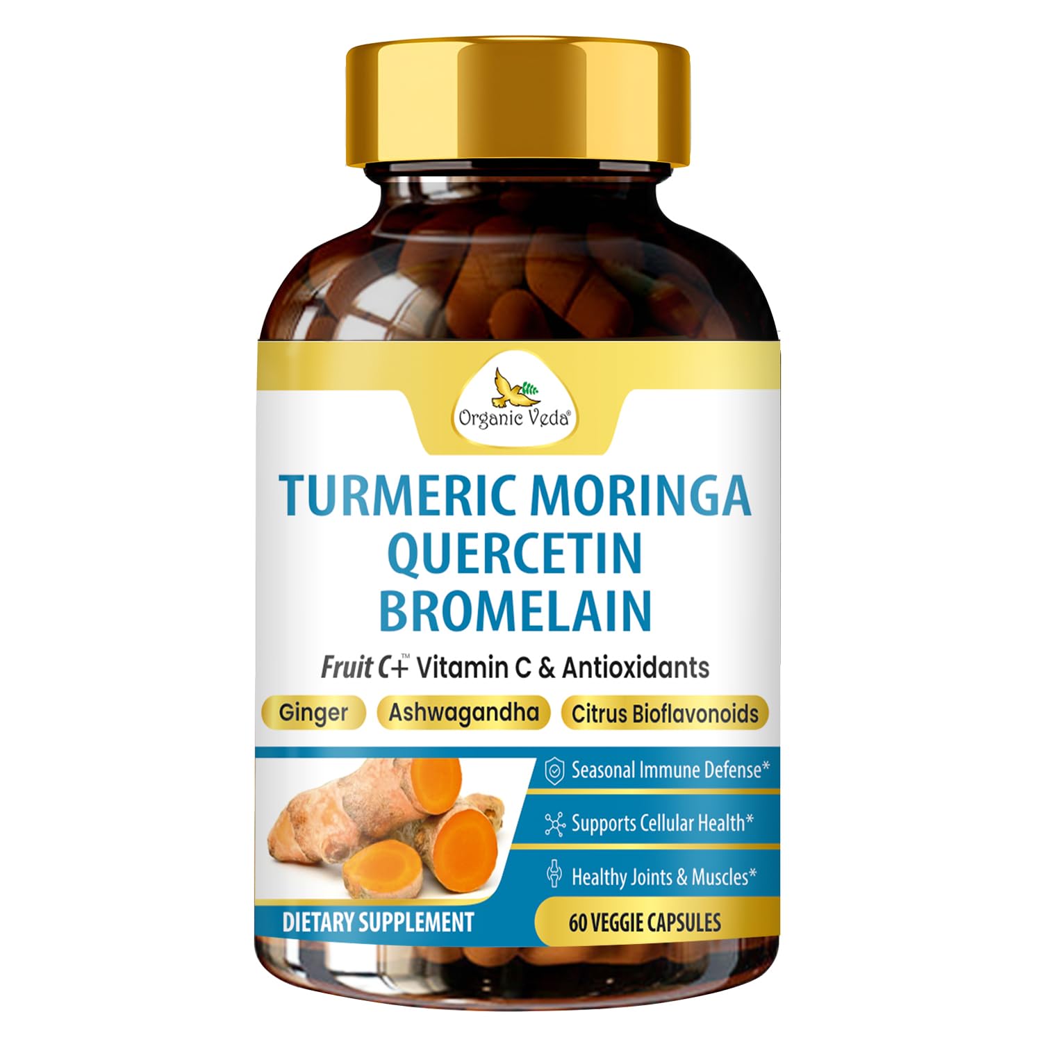 Organic Veda Turmeric Moringa Quercetin with Bromelain Capsules - Fruit C+ Vitamin C Antioxidants Immune System & Respiratory Supplement - Ashwagandha, Ginger, Citrus Bioflavonoids, 60 Vegan Capsule - dailyvitalstore