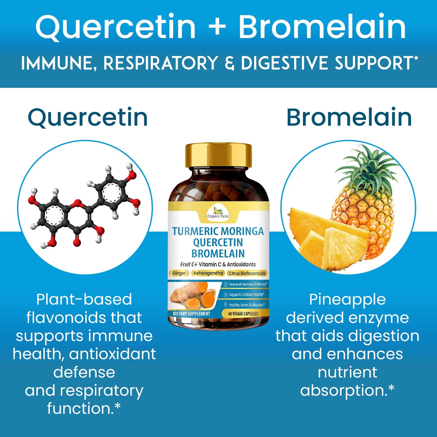 Organic Veda Turmeric Moringa Quercetin with Bromelain Capsules - Fruit C+ Vitamin C Antioxidants Immune System & Respiratory Supplement - Ashwagandha, Ginger, Citrus Bioflavonoids, 60 Vegan Capsule - dailyvitalstore
