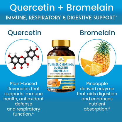Organic Veda Turmeric Moringa Quercetin with Bromelain Capsules - Fruit C+ Vitamin C Antioxidants Immune System & Respiratory Supplement - Ashwagandha, Ginger, Citrus Bioflavonoids, 60 Vegan Capsule - dailyvitalstore