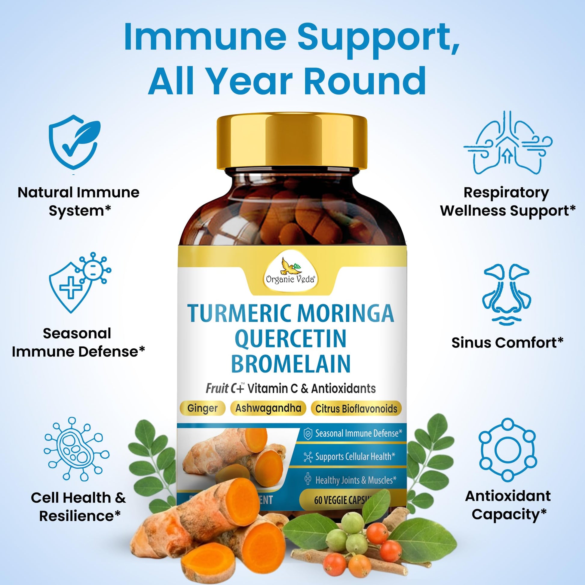 Organic Veda Turmeric Moringa Quercetin with Bromelain Capsules - Fruit C+ Vitamin C Antioxidants Immune System & Respiratory Supplement - Ashwagandha, Ginger, Citrus Bioflavonoids, 60 Vegan Capsule - dailyvitalstore