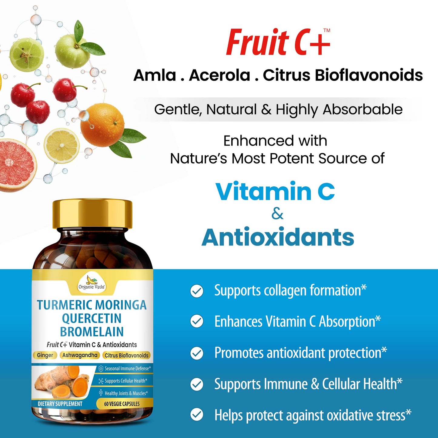 Organic Veda Turmeric Moringa Quercetin with Bromelain Capsules - Fruit C+ Vitamin C Antioxidants Immune System & Respiratory Supplement - Ashwagandha, Ginger, Citrus Bioflavonoids, 60 Vegan Capsule - dailyvitalstore