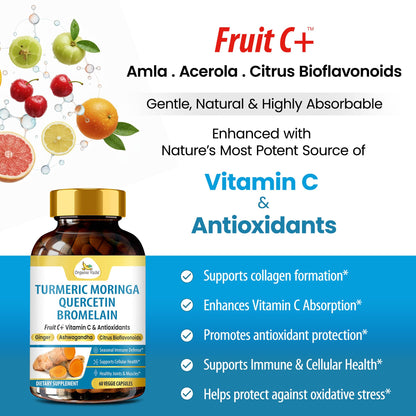 Organic Veda Turmeric Moringa Quercetin with Bromelain Capsules - Fruit C+ Vitamin C Antioxidants Immune System & Respiratory Supplement - Ashwagandha, Ginger, Citrus Bioflavonoids, 60 Vegan Capsule - dailyvitalstore