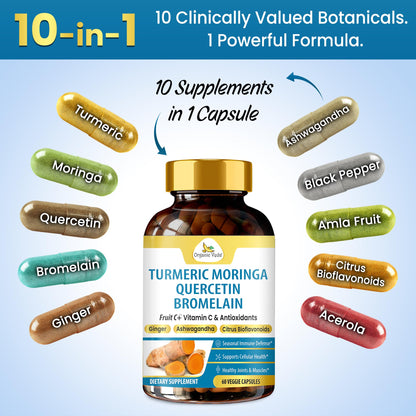 Organic Veda Turmeric Moringa Quercetin with Bromelain Capsules - Fruit C+ Vitamin C Antioxidants Immune System & Respiratory Supplement - Ashwagandha, Ginger, Citrus Bioflavonoids, 60 Vegan Capsule - dailyvitalstore
