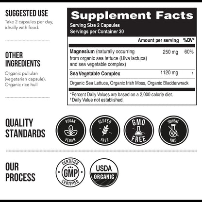 Organic Whole Food Magnesium Supplement - Plant-Based, Organic Sea Vegetable Complex - 250 mg Per Serving | Water Extracted | Gentle on Stomach | Supports Energy, Sleep, Muscle, Heart - 60 Capsules - dailyvitalstore