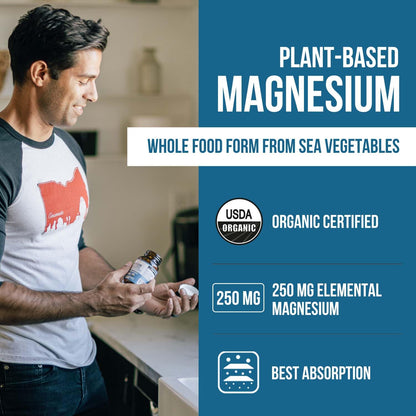 Organic Whole Food Magnesium Supplement - Plant-Based, Organic Sea Vegetable Complex - 250 mg Per Serving | Water Extracted | Gentle on Stomach | Supports Energy, Sleep, Muscle, Heart - 60 Capsules - dailyvitalstore