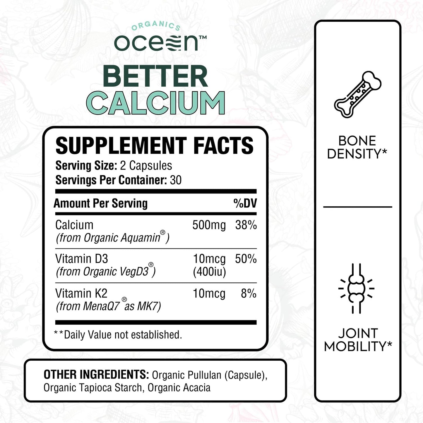 Organics Ocean Better Calcium - Organic Red Algae Calcium with Vitamin D3 and K2 Supplements - Supports Bone Structure, Joint Comfort & Encourages Healthy Aging - dailyvitalstore
