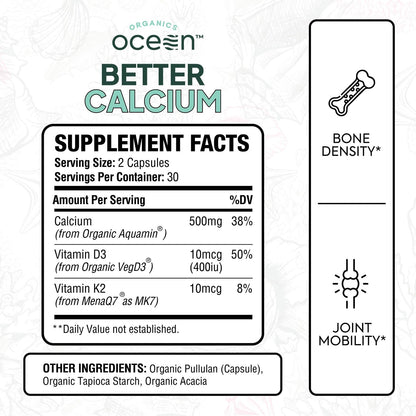 Organics Ocean Better Calcium - Organic Red Algae Calcium with Vitamin D3 and K2 Supplements - Supports Bone Structure, Joint Comfort & Encourages Healthy Aging - dailyvitalstore