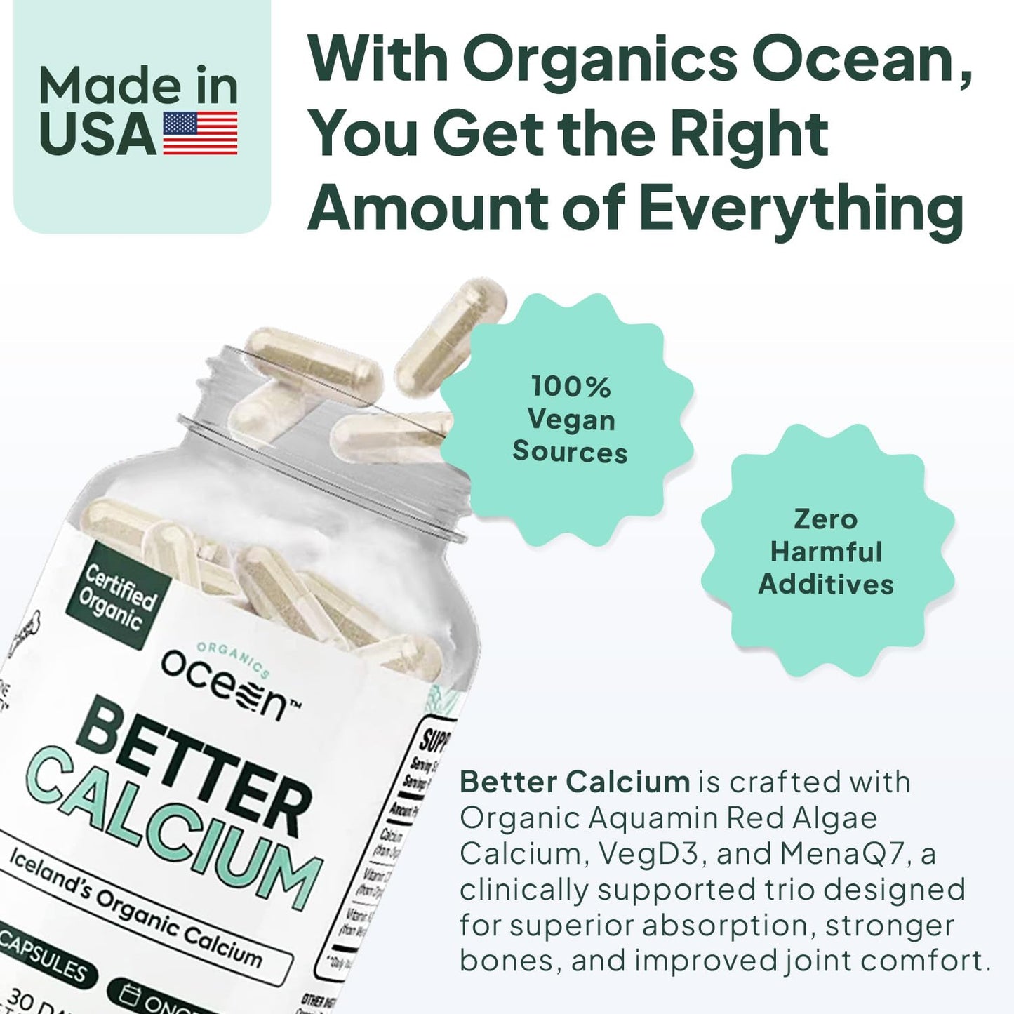 Organics Ocean Better Calcium - Organic Red Algae Calcium with Vitamin D3 and K2 Supplements - Supports Bone Structure, Joint Comfort & Encourages Healthy Aging - dailyvitalstore