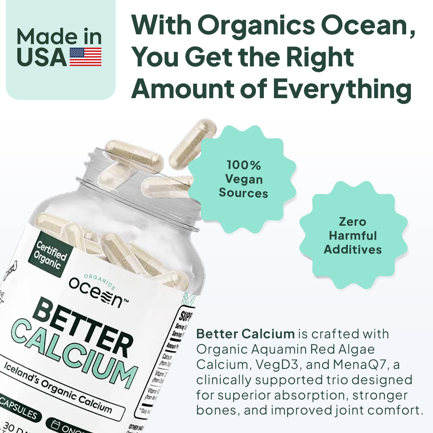 Organics Ocean Better Calcium - Organic Red Algae Calcium with Vitamin D3 and K2 Supplements - Supports Bone Structure, Joint Comfort & Encourages Healthy Aging - dailyvitalstore