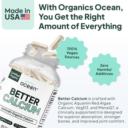 Organics Ocean Better Calcium - Organic Red Algae Calcium with Vitamin D3 and K2 Supplements - Supports Bone Structure, Joint Comfort & Encourages Healthy Aging - dailyvitalstore