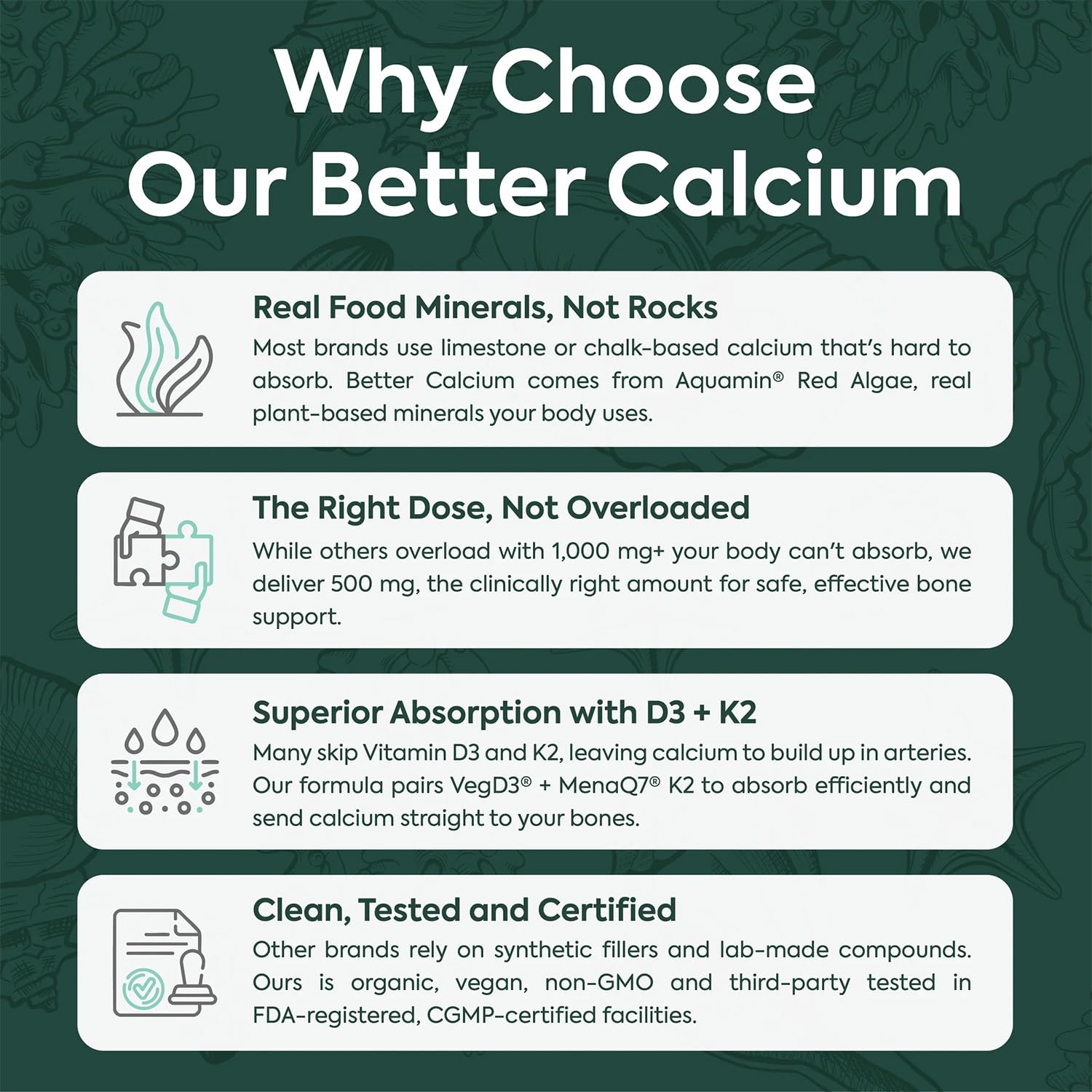 Organics Ocean Better Calcium - Organic Red Algae Calcium with Vitamin D3 and K2 Supplements - Supports Bone Structure, Joint Comfort & Encourages Healthy Aging - dailyvitalstore