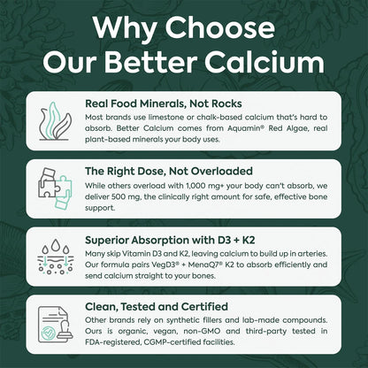 Organics Ocean Better Calcium - Organic Red Algae Calcium with Vitamin D3 and K2 Supplements - Supports Bone Structure, Joint Comfort & Encourages Healthy Aging - dailyvitalstore