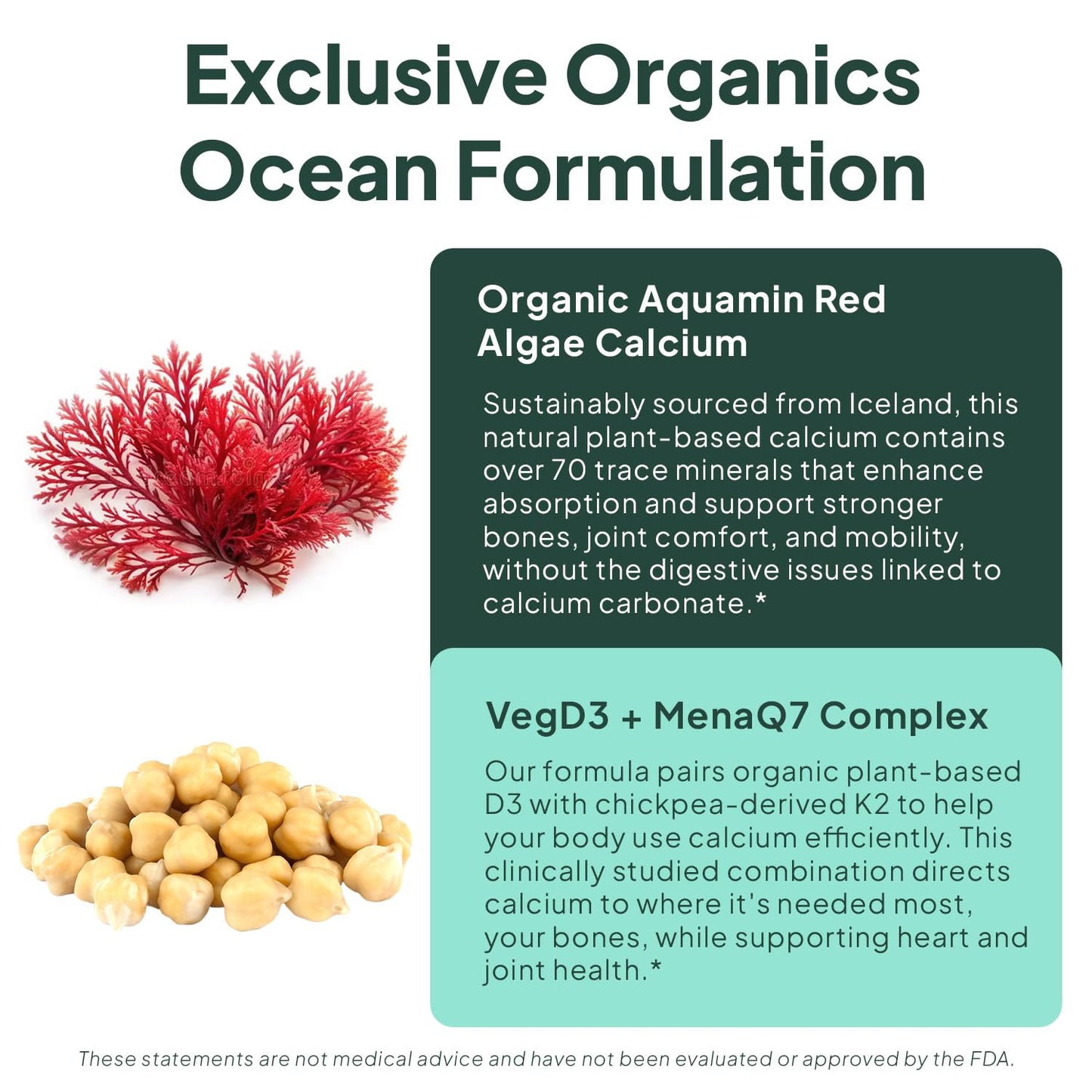 Organics Ocean Better Calcium - Organic Red Algae Calcium with Vitamin D3 and K2 Supplements - Supports Bone Structure, Joint Comfort & Encourages Healthy Aging - dailyvitalstore