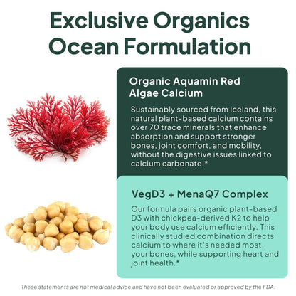Organics Ocean Better Calcium - Organic Red Algae Calcium with Vitamin D3 and K2 Supplements - Supports Bone Structure, Joint Comfort & Encourages Healthy Aging - dailyvitalstore