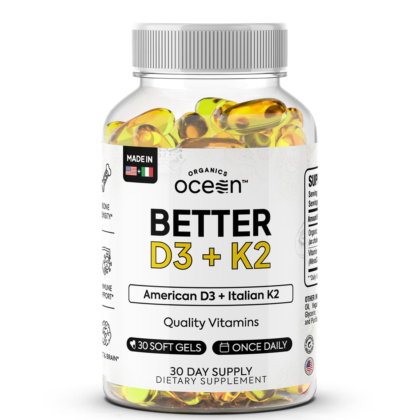 Organics Ocean Better D3 + K2-100% Organic VIT D3 and K2 Supplements with Maximum Bioavailability - Supports Bone Density, Calcium Balance, Immunity & Mood - 1-Pack, 30-Day Supply - dailyvitalstore