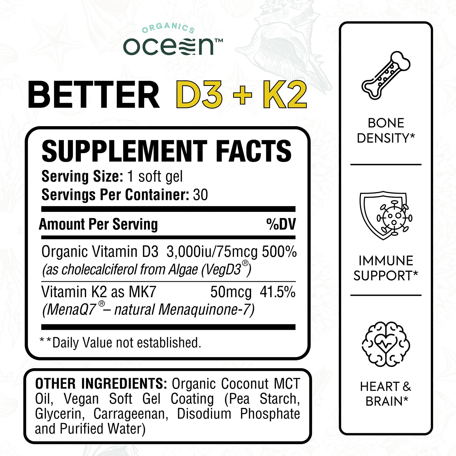 Organics Ocean Better D3 + K2-100% Organic VIT D3 and K2 Supplements with Maximum Bioavailability - Supports Bone Density, Calcium Balance, Immunity & Mood - 1-Pack, 30-Day Supply - dailyvitalstore
