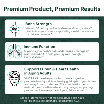 Organics Ocean Better D3 + K2-100% Organic VIT D3 and K2 Supplements with Maximum Bioavailability - Supports Bone Density, Calcium Balance, Immunity & Mood - 1-Pack, 30-Day Supply - dailyvitalstore