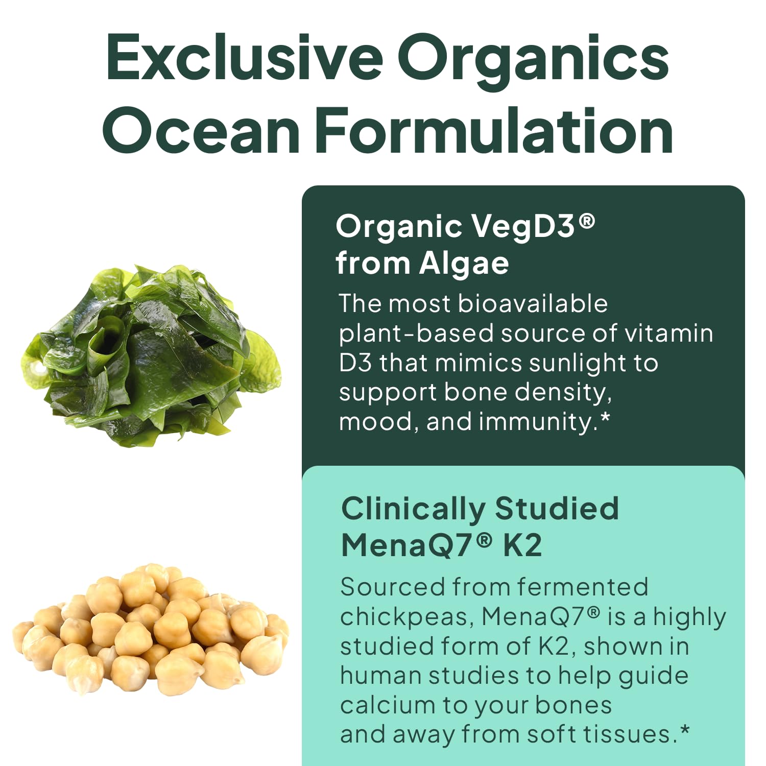 Organics Ocean Better D3 + K2-100% Organic VIT D3 and K2 Supplements with Maximum Bioavailability - Supports Bone Density, Calcium Balance, Immunity & Mood - 1-Pack, 30-Day Supply - dailyvitalstore