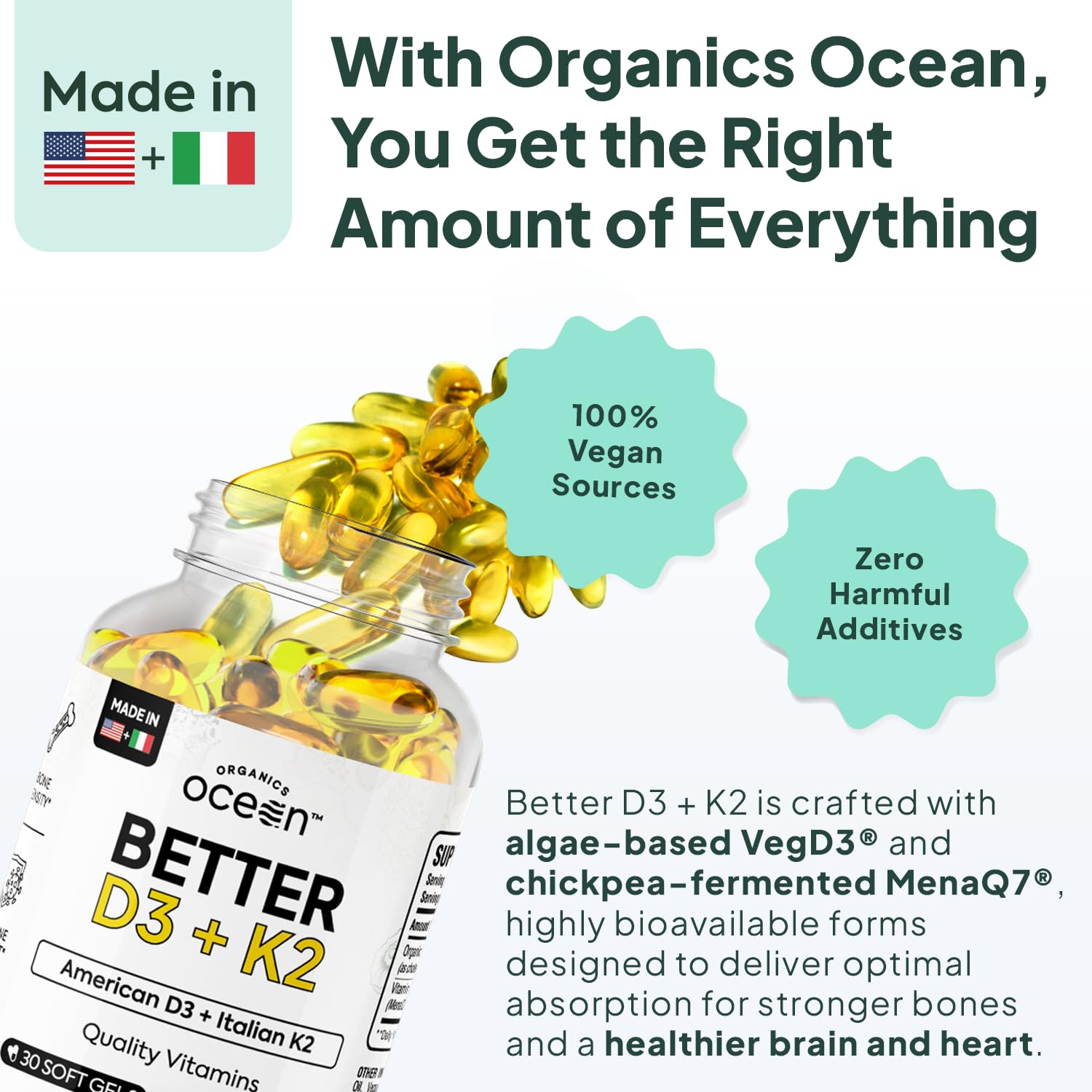 Organics Ocean Better D3 + K2-100% Organic VIT D3 and K2 Supplements with Maximum Bioavailability - Supports Bone Density, Calcium Balance, Immunity & Mood - 1-Pack, 30-Day Supply - dailyvitalstore