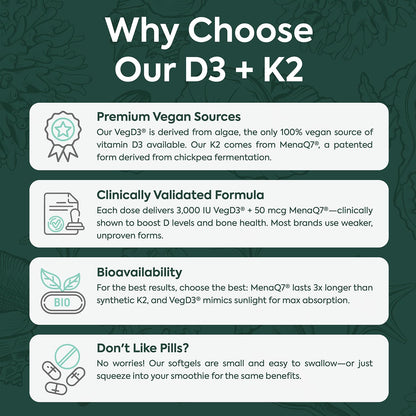 Organics Ocean Better D3 + K2-100% Organic VIT D3 and K2 Supplements with Maximum Bioavailability - Supports Bone Density, Calcium Balance, Immunity & Mood - 1-Pack, 30-Day Supply - dailyvitalstore