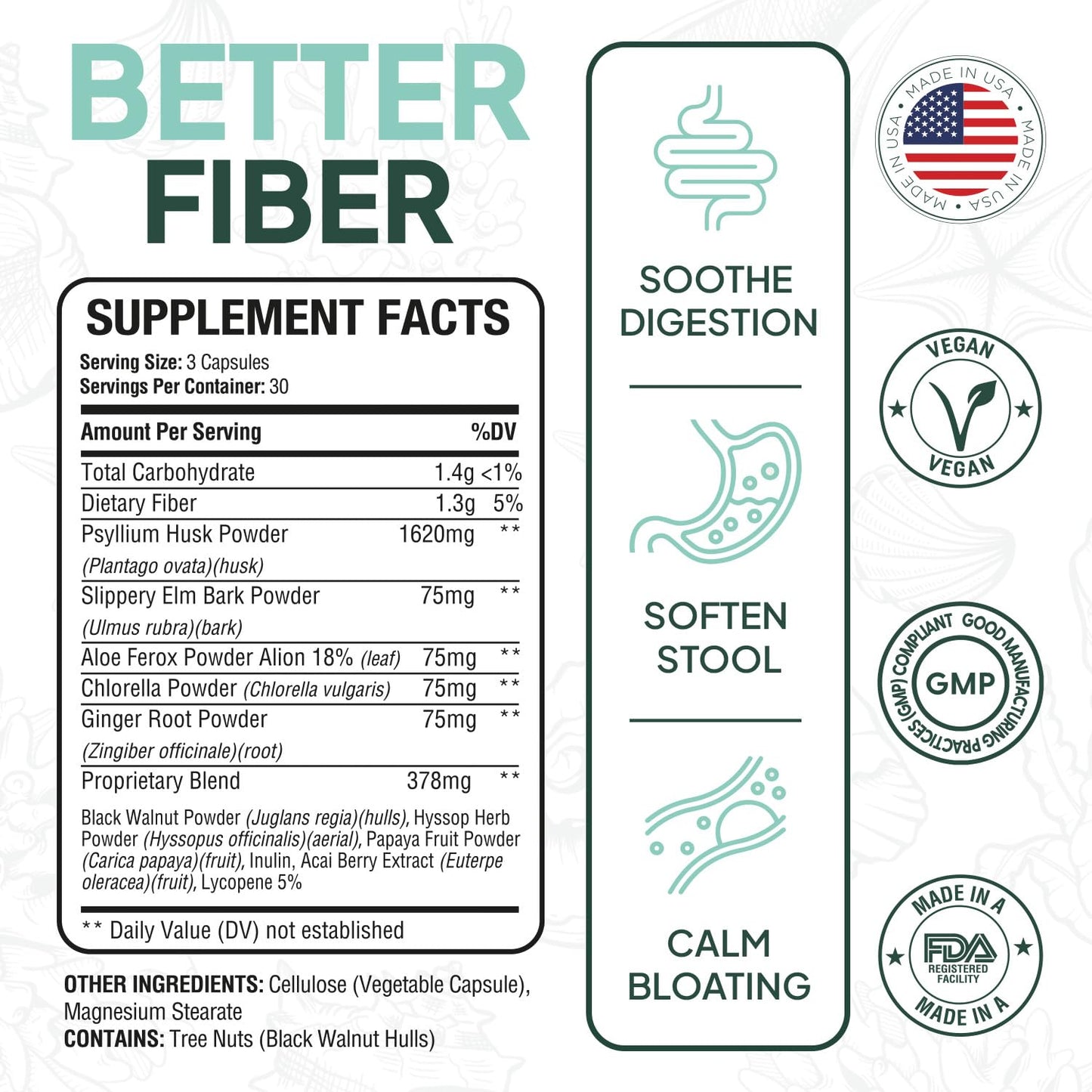 Organics Ocean Better Fiber - Daily Fiber Supplement - Soften Stool for Effortless Bowel Movements - with Psyllium Hulk and Slippery Elm - 90 Capsules - dailyvitalstore