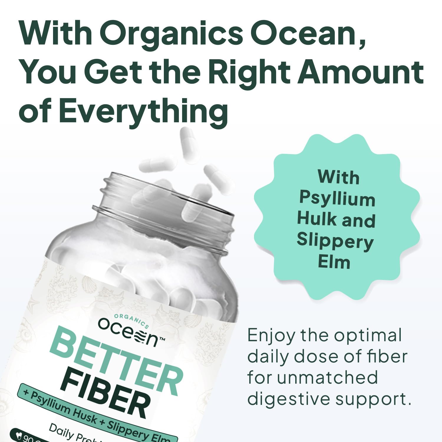 Organics Ocean Better Fiber - Daily Fiber Supplement - Soften Stool for Effortless Bowel Movements - with Psyllium Hulk and Slippery Elm - 90 Capsules - dailyvitalstore