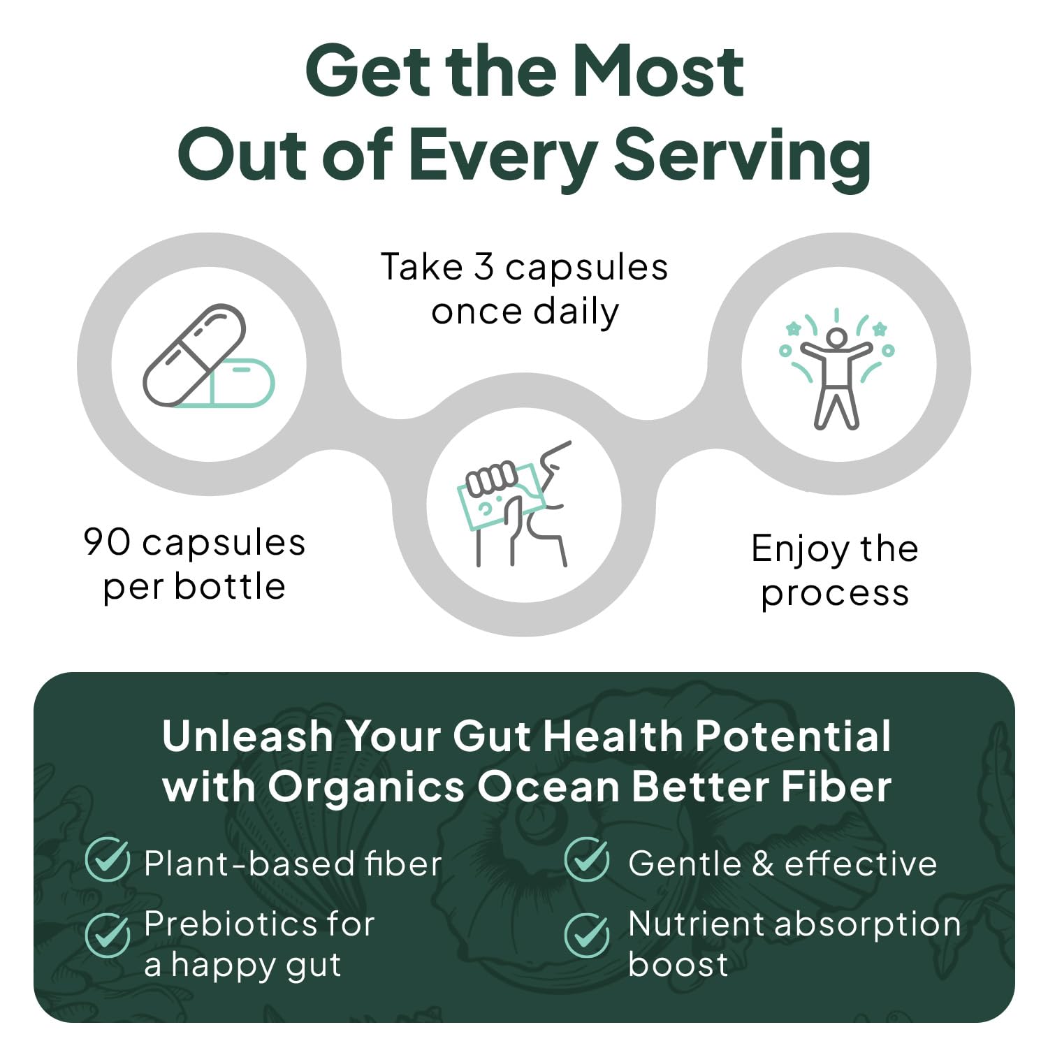 Organics Ocean Better Fiber - Daily Fiber Supplement - Soften Stool for Effortless Bowel Movements - with Psyllium Hulk and Slippery Elm - 90 Capsules - dailyvitalstore