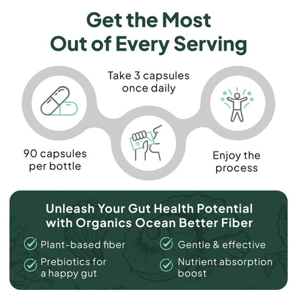 Organics Ocean Better Fiber - Daily Fiber Supplement - Soften Stool for Effortless Bowel Movements - with Psyllium Hulk and Slippery Elm - 90 Capsules - dailyvitalstore