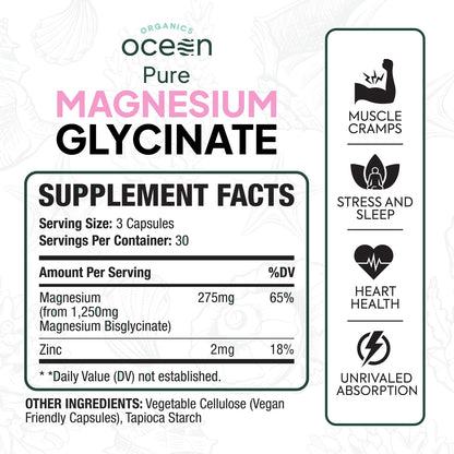 Organics Ocean Pure Magnesium Glycinate with Zinc - Maximum Strength Chelated Magnesium Supplement for Women and Men - dailyvitalstore