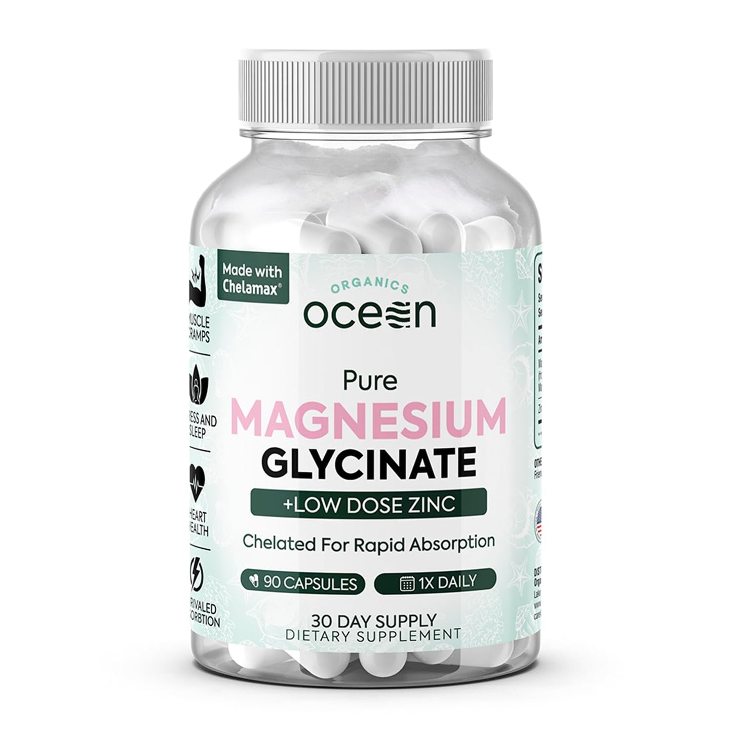 Organics Ocean Pure Magnesium Glycinate with Zinc - Maximum Strength Chelated Magnesium Supplement for Women and Men for Muscle Cramps and Sleep Support - 90 Capsule - dailyvitalstore