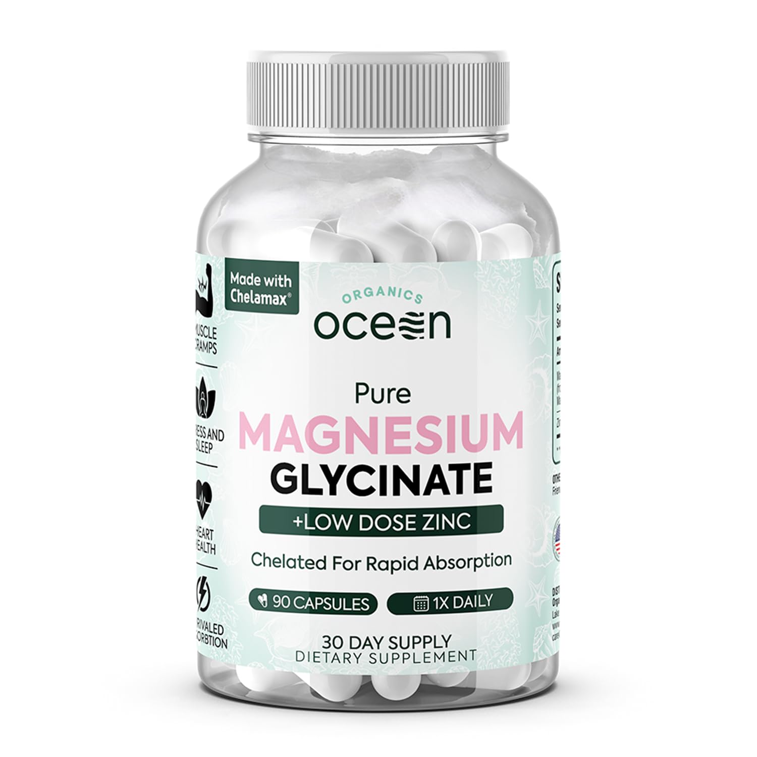 Organics Ocean Pure Magnesium Glycinate with Zinc - Maximum Strength Chelated Magnesium Supplement for Women and Men for Muscle Cramps and Sleep Support - 90 Capsule - dailyvitalstore