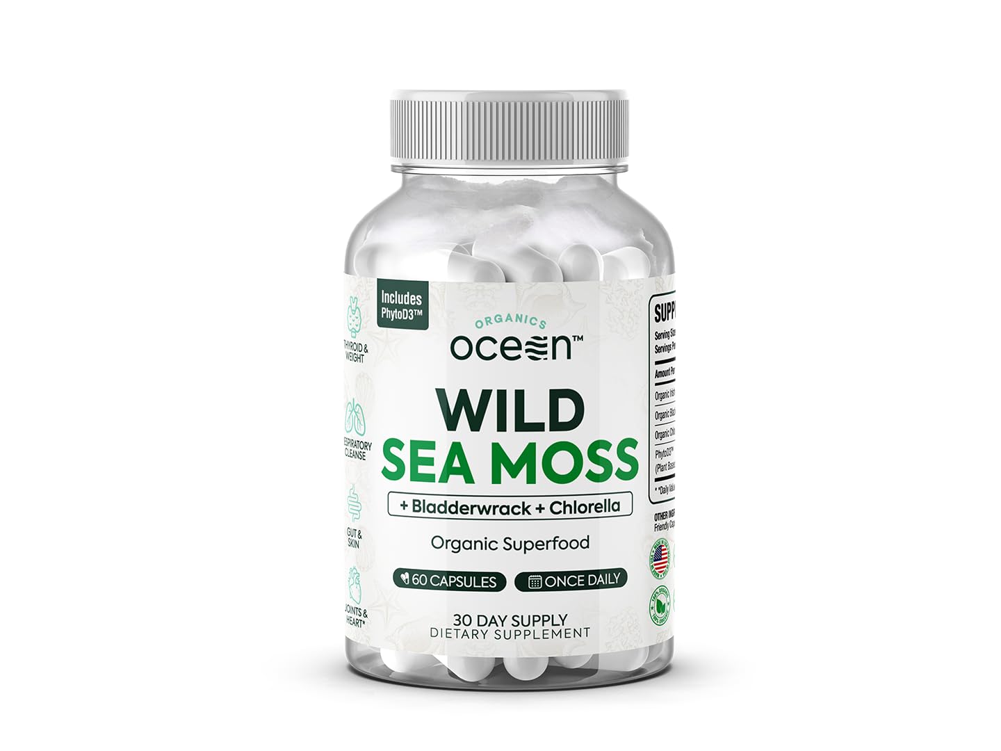 Organics Ocean Wild Sea Moss Capsules - 100% Organic Irish Sea Moss with Organic Chlorella, Bladderwrack and Vitamin D for Energy, Lung Health and Thyroid Support for Women and Men - 60 Capsules - dailyvitalstore