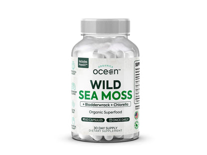 Organics Ocean Wild Sea Moss Capsules - 100% Organic Irish Sea Moss with Organic Chlorella, Bladderwrack and Vitamin D for Energy, Lung Health and Thyroid Support for Women and Men - 60 Capsules - dailyvitalstore