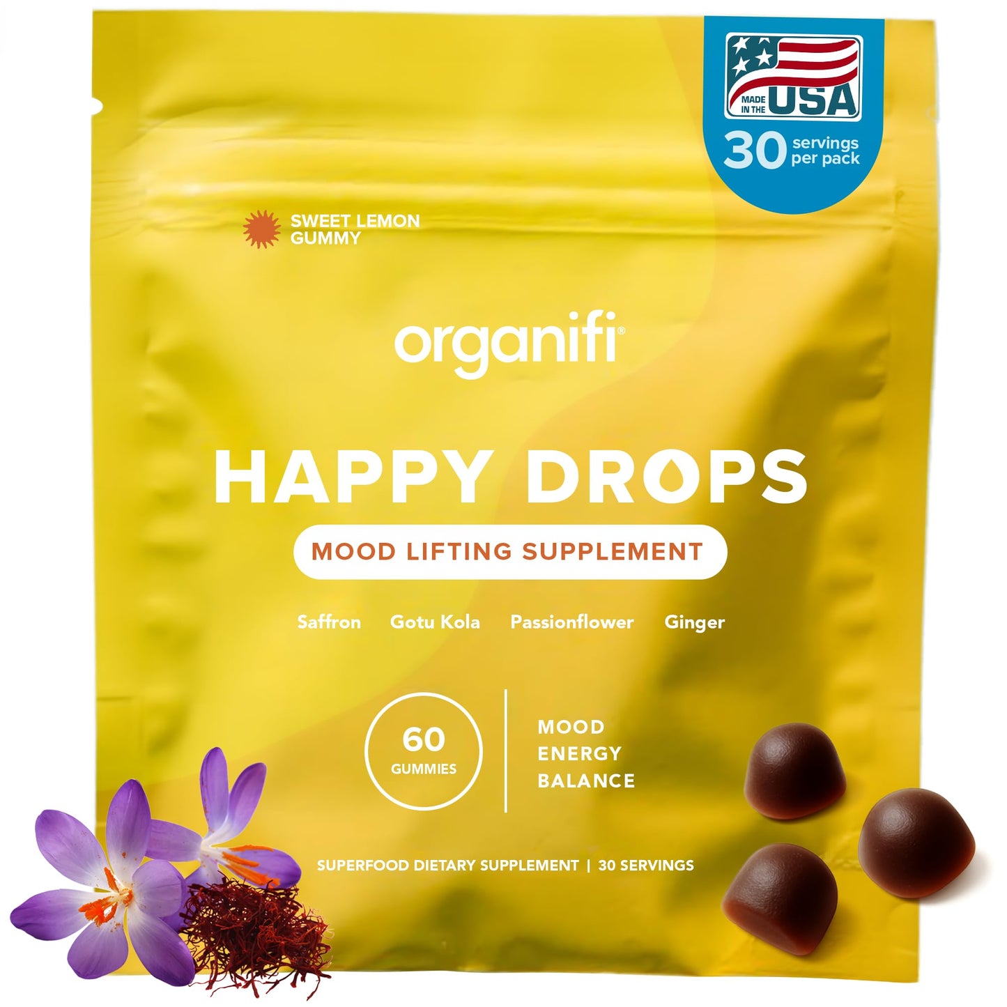 Organifi Happy Drops - Daily Superfood Happy Gummies for Adults - Mood Support Supplement for Balance, Bliss, Energy and Taking the Edge Off - Sweet Lemon Flavor - 60 Gummies - dailyvitalstore